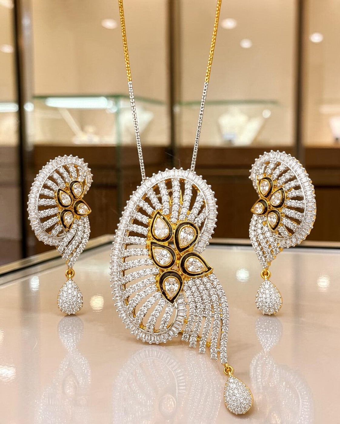 Elegant American Diamond Pendant Necklace And Earrings Set / Ruchi 