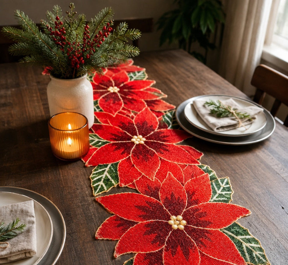 Red Green Beaded Floral Runner / Ruchi