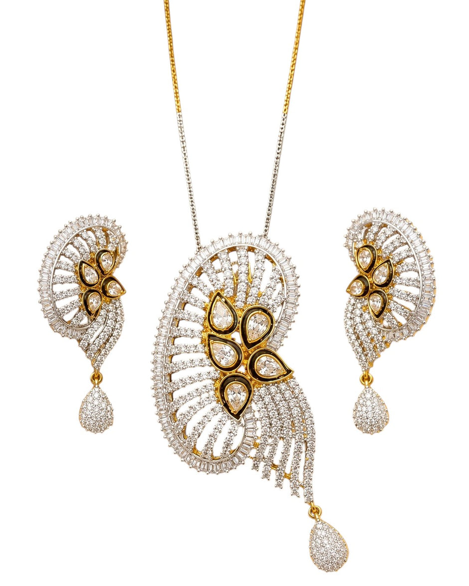 Elegant American Diamond Pendant Necklace And Earrings Set / Ruchi 