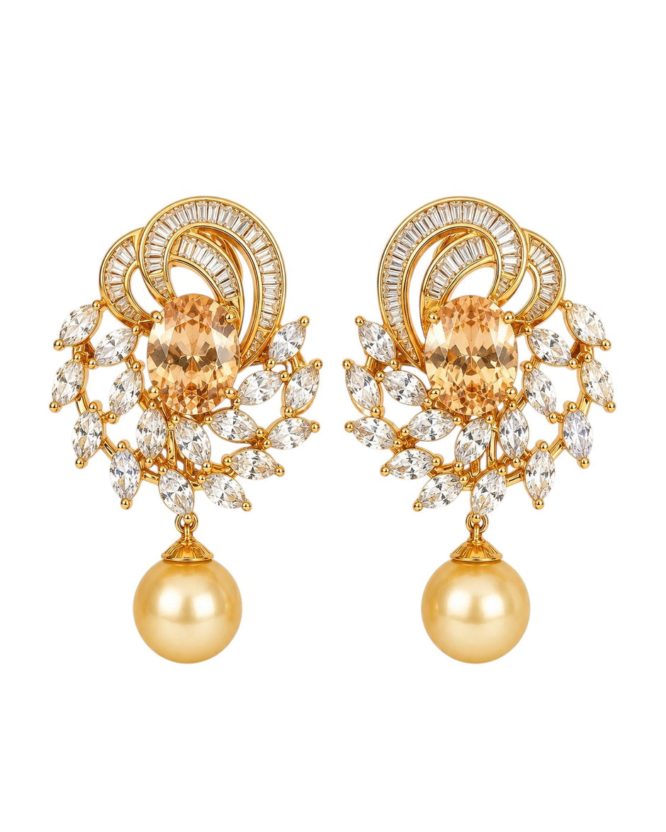 Exquisite Crystal Stone Pearl Drop Earrings / Ruchi