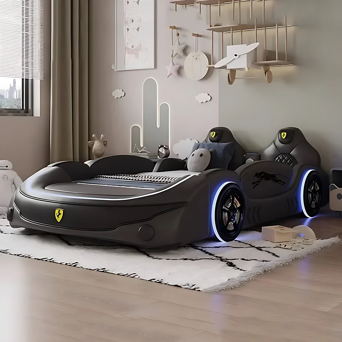LED Leather Kids Car Bed With Mattress / Ruchi