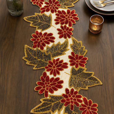 Leaf Floral Embroidered Beaded Runner / Ruchi