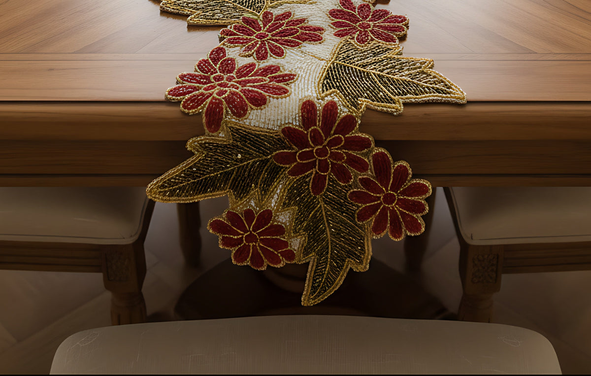 Leaf Floral Embroidered Beaded Runner / Ruchi