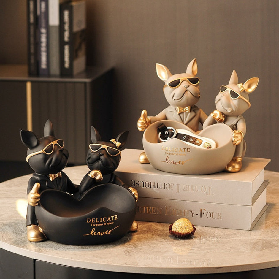 Lovely Couple Bulldog Resin Statue With Bowl / Ruchi