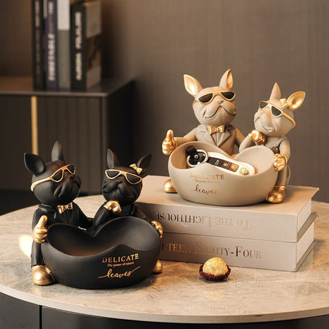 Lovely Couple Bulldog Resin Statue With Bowl / Ruchi
