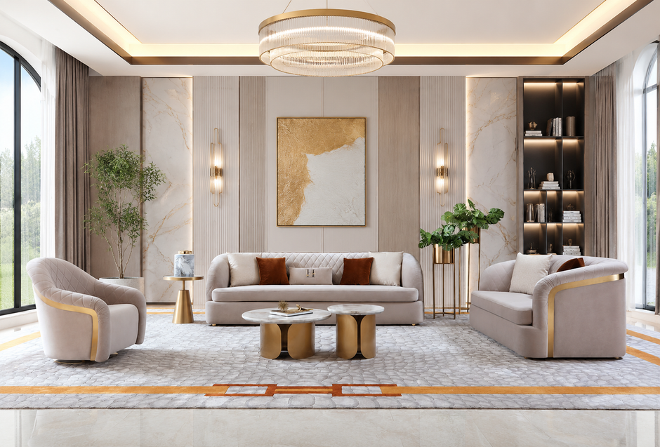 Luxurious 3 Pieces Velvet Fabric Sofa Set / Ruchi