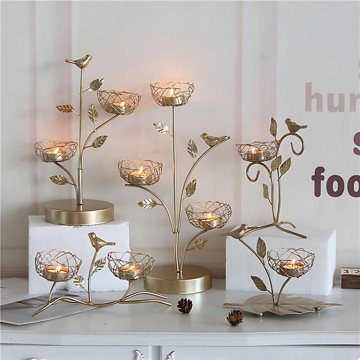 Golden Metal Bird And Branch Tealight Candle Holder