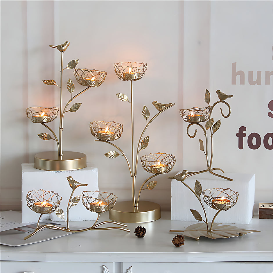 Golden Metal Bird And Branch Tealight Candle Holder