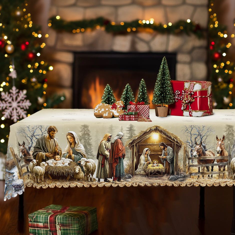 Christmas Nativity Scene Rectangular Or Round Polyester Tablecloth / Ruchi
