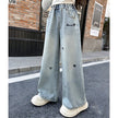 Wide-Leg Design Embroidered Denim Jeans For Girls