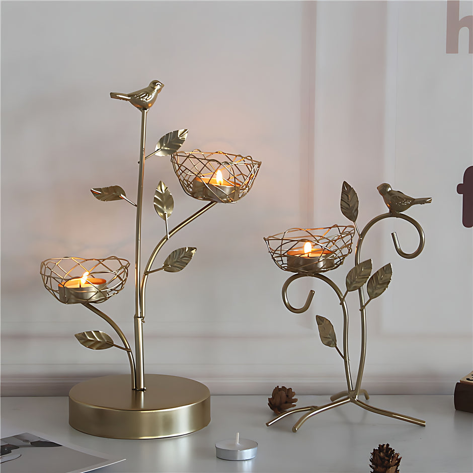 Golden Metal Bird And Branch Tealight Candle Holder