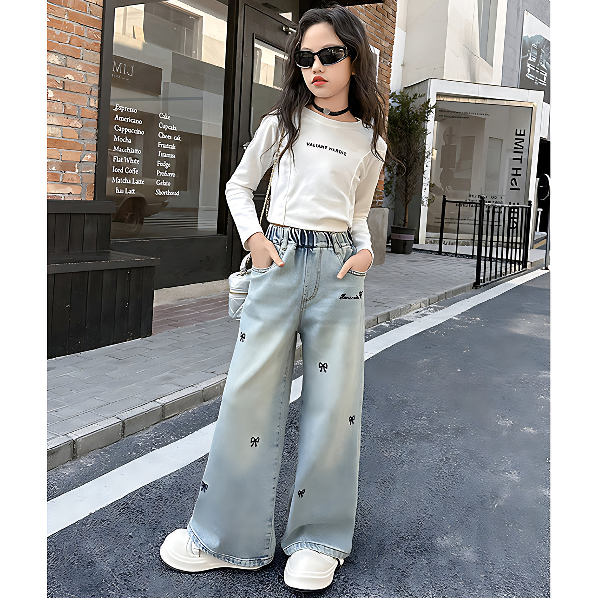 Wide-Leg Design Embroidered Denim Jeans For Girls