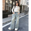 Wide-Leg Design Embroidered Denim Jeans For Girls