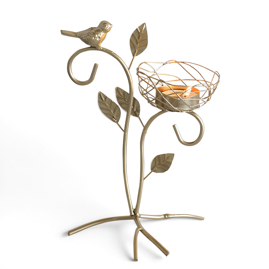Golden Metal Bird And Branch Tealight Candle Holder / Ruchi