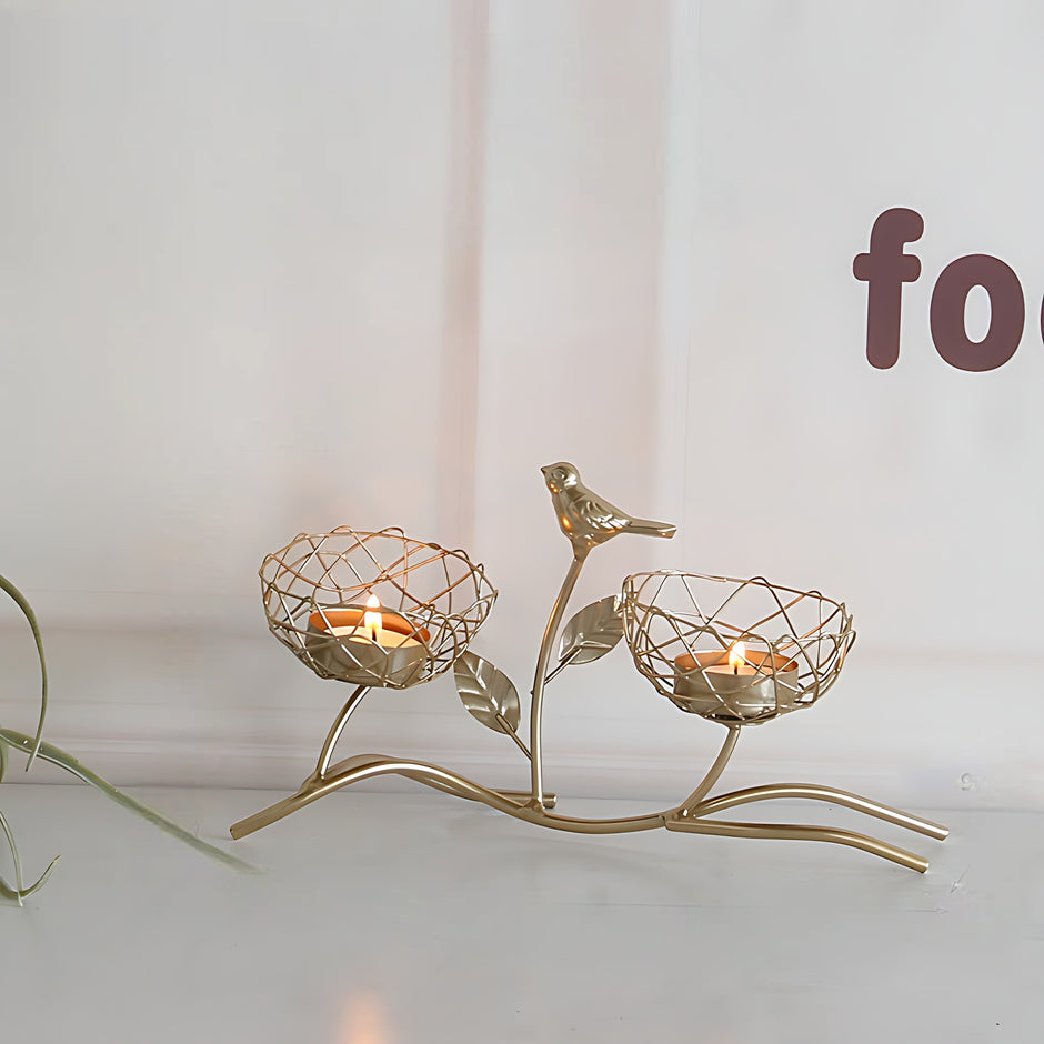 Golden Metal Bird And Branch Tealight Candle Holder