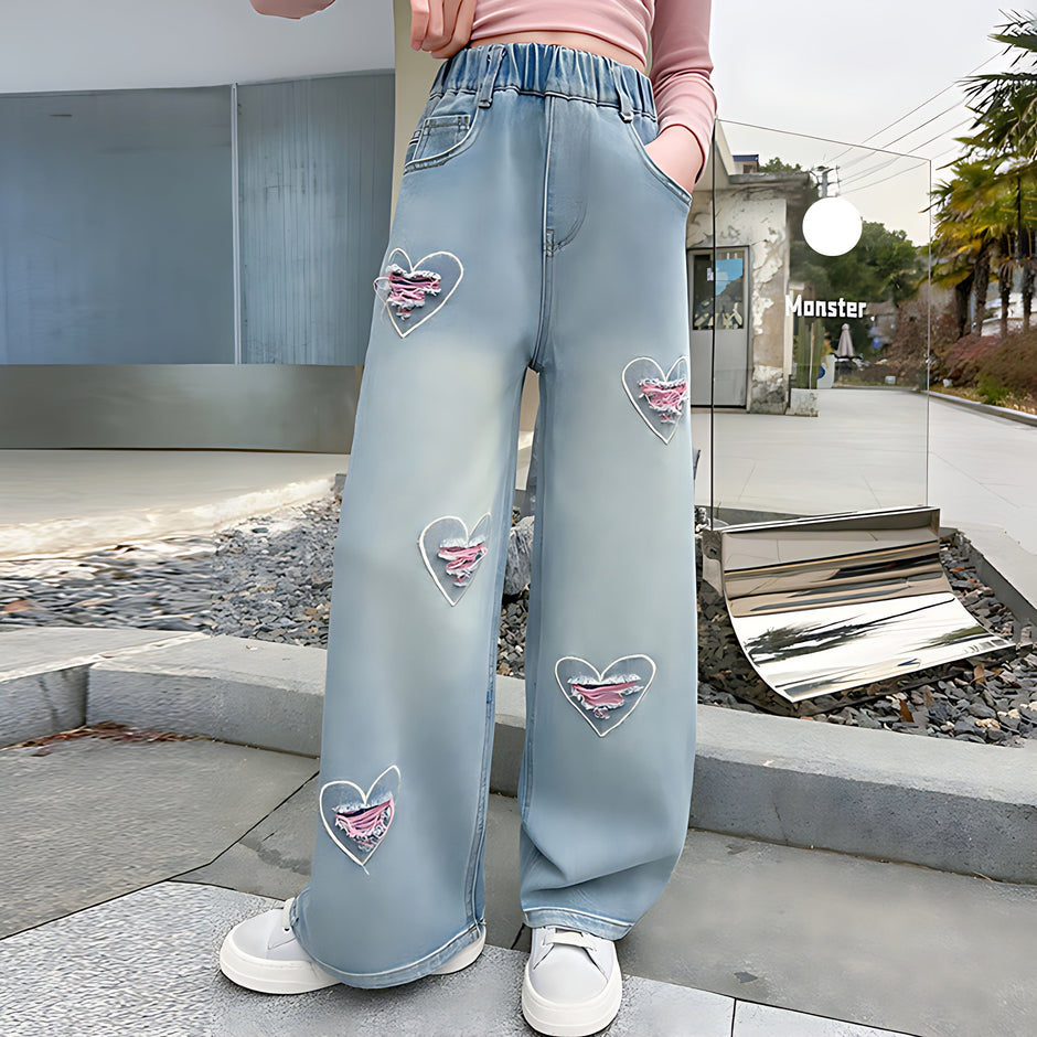 Wide-Leg Design Embroidered Denim Jeans For Girls / Ruchi