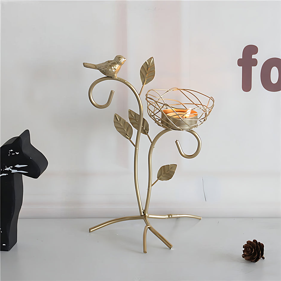 Golden Metal Bird And Branch Tealight Candle Holder