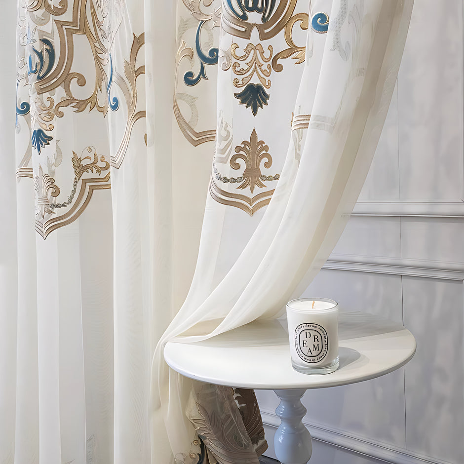 European Style Luxury Embroidered Polyester Sheer Curtain / Ruchi