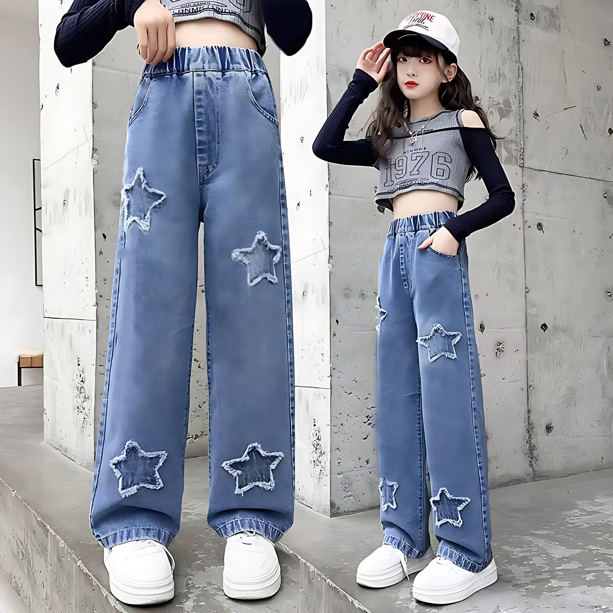 Wide-Leg Design Embroidered Denim Jeans For Girls / Ruchi