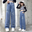 Wide-Leg Design Embroidered Denim Jeans For Girls / Ruchi