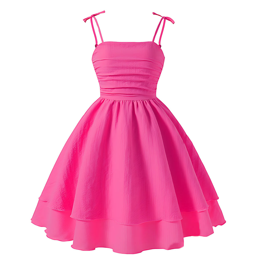 Girls Elegant Tiered Polyester Dress With Bow Straps