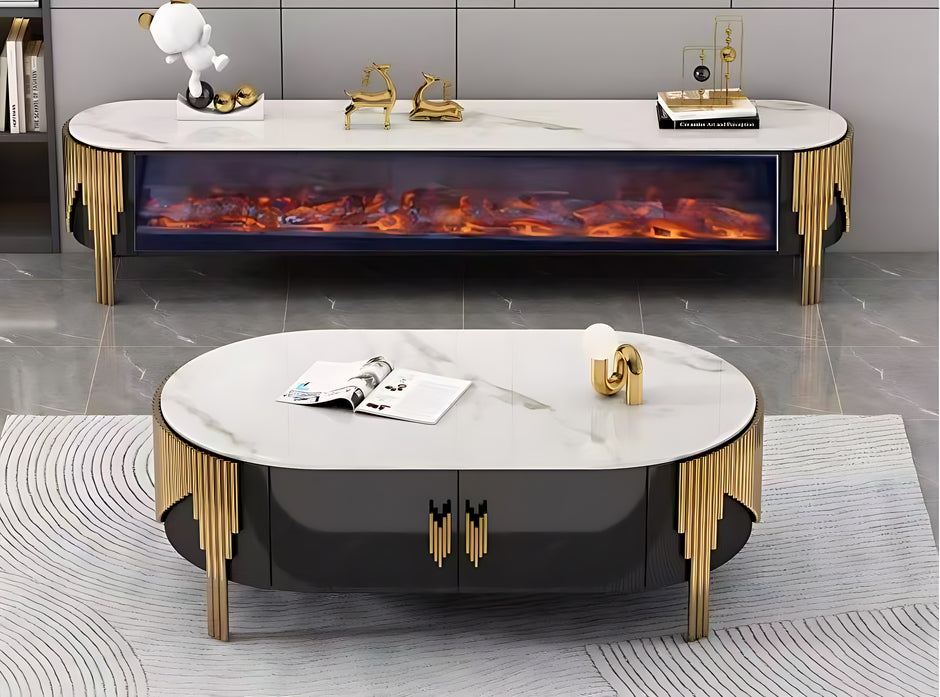 Marble Coffee Table And TV-Stand With LED Electric Fireplace / Ruchi