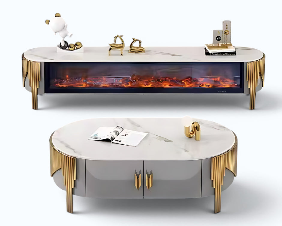 Marble Coffee Table And TV-Stand With LED Electric Fireplace / Ruchi