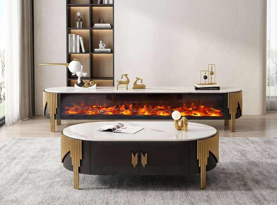 Marble Coffee Table And TV-Stand With LED Electric Fireplace / Ruchi