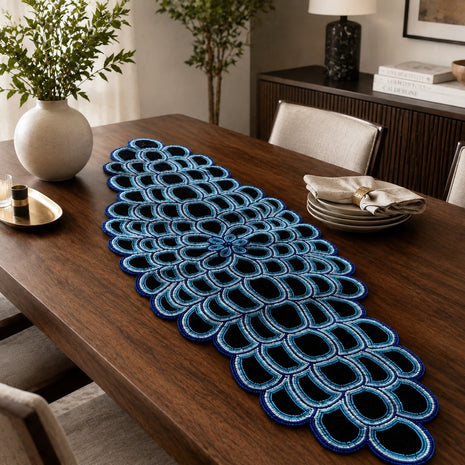Midnight Blue Mosaic Beaded Table Runner / Ruchi