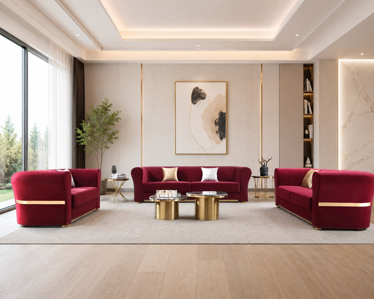 Minimalist Velvet Upholstered 3 Pcs Maroon Sofa Set / Ruchi