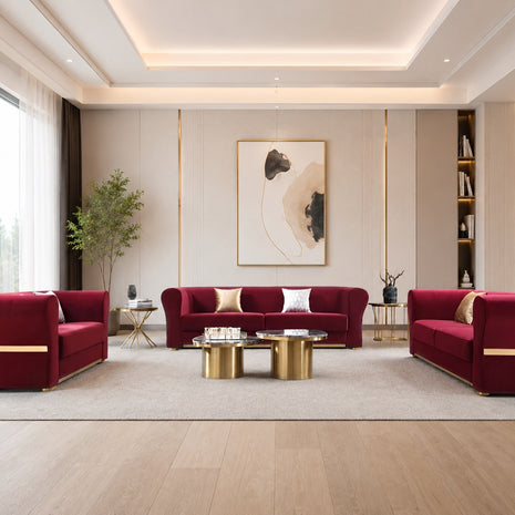 Minimalist Velvet Upholstered 3 Pcs Maroon Sofa Set / Ruchi
