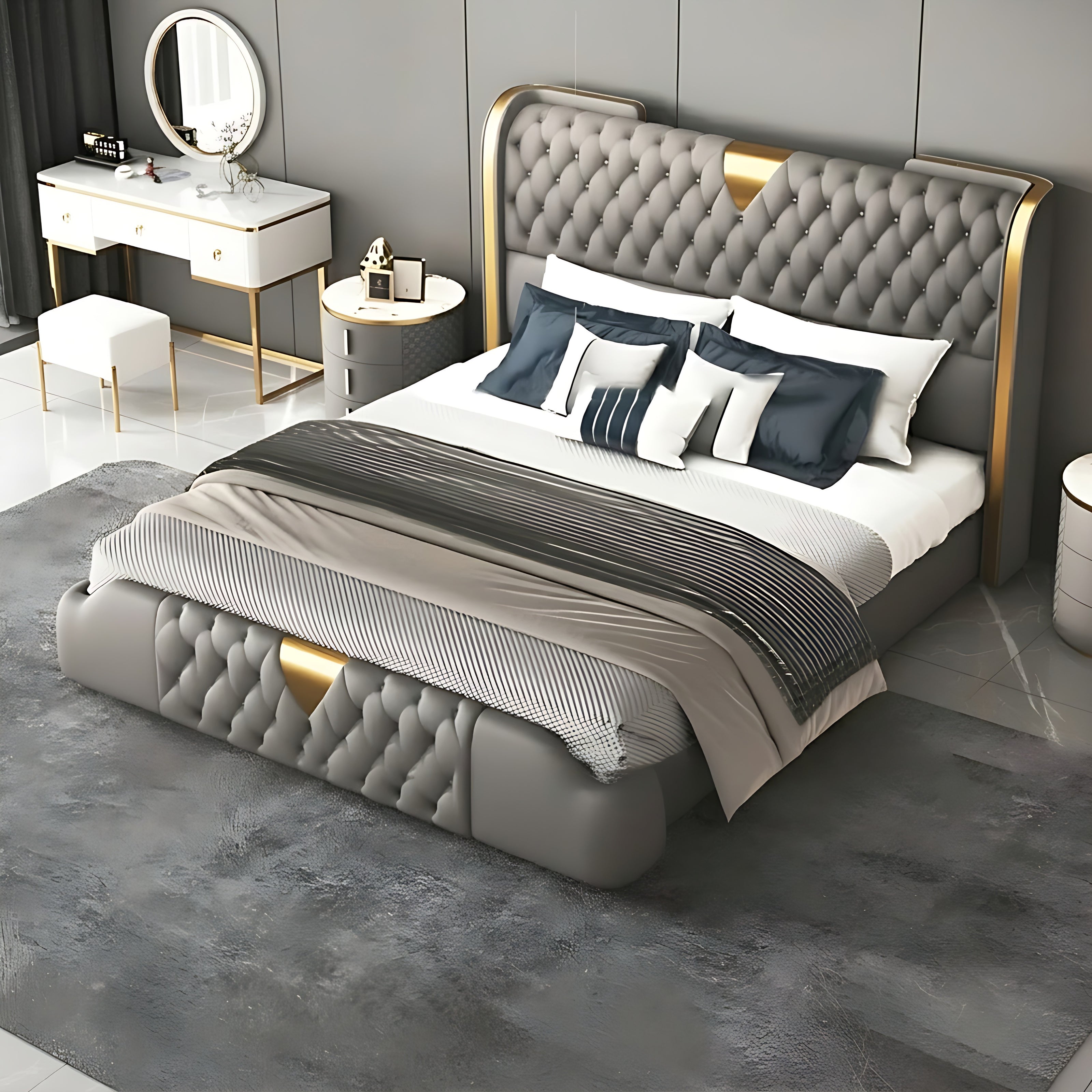 Modern Button Tufted Leather Bed / Ruchi