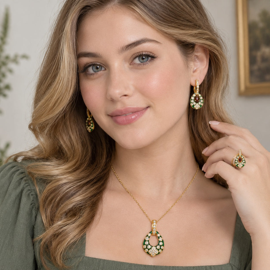 Modern Green Enamel Teardrop Necklace Set / Ruchi