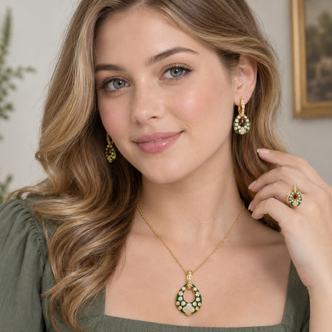 Modern Green Enamel Teardrop Necklace Set / Ruchi
