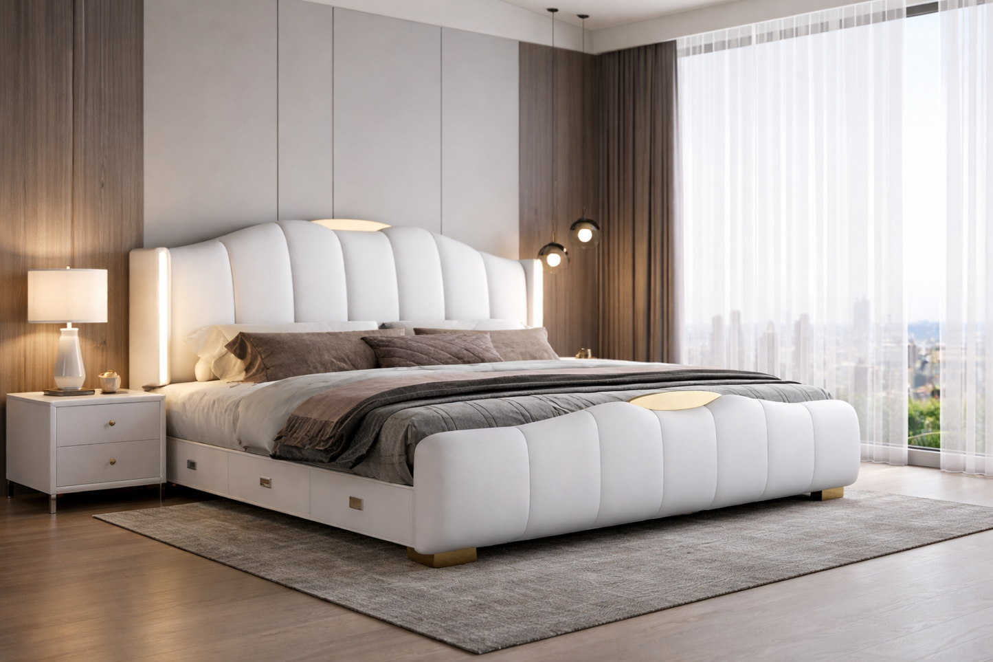 Modern LED Leather Bed With Storage / Ruchi