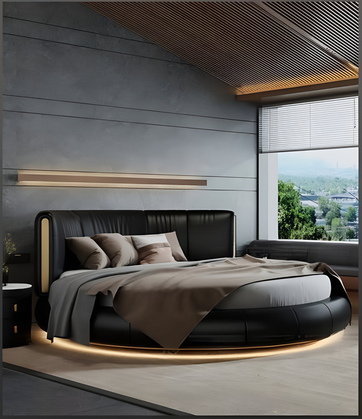 Modern Leather Round Bed With LED Lights / Ruchi