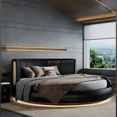 Modern Leather Round Bed With LED Lights / Ruchi