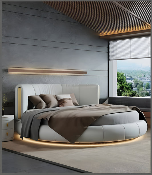 Modern Leather Round Bed With LED Lights / Ruchi