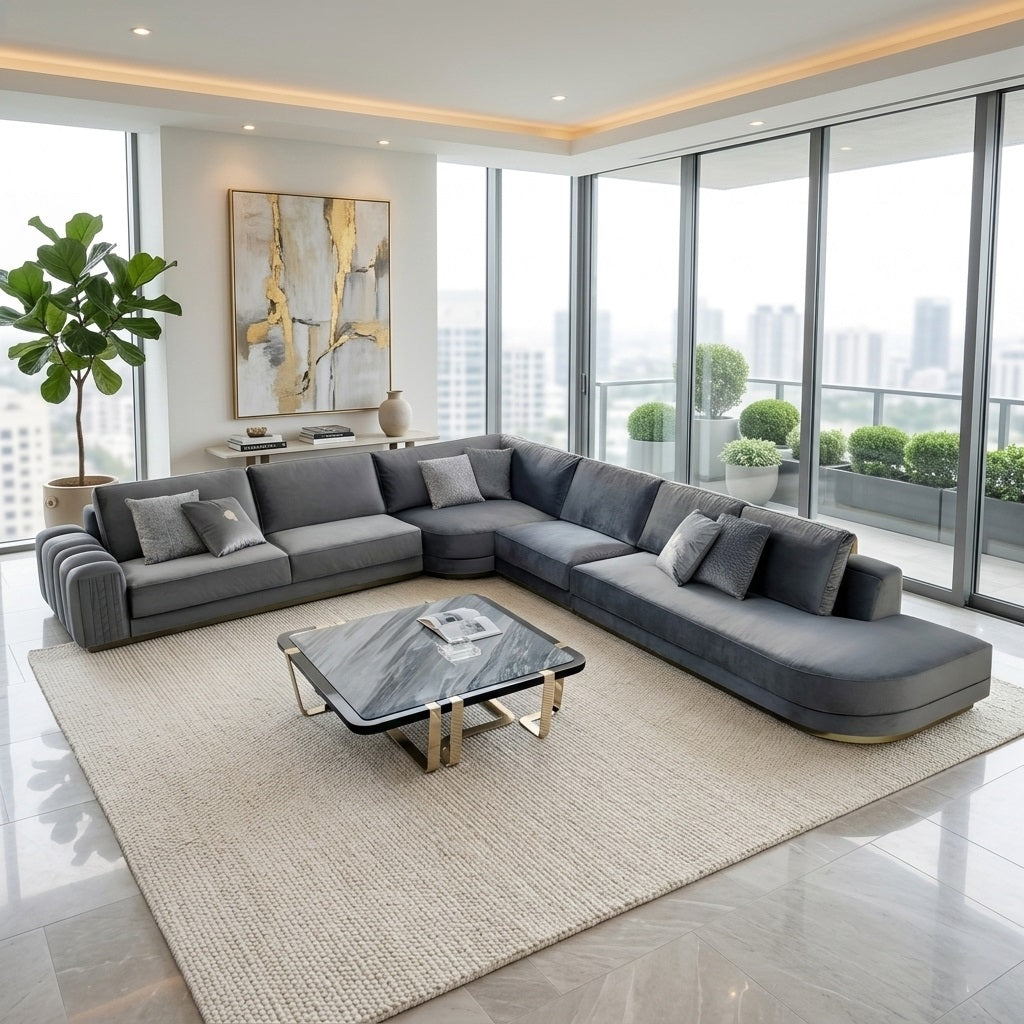 Modular Velvet L-Shaped Sectional Sofa / Ruchi