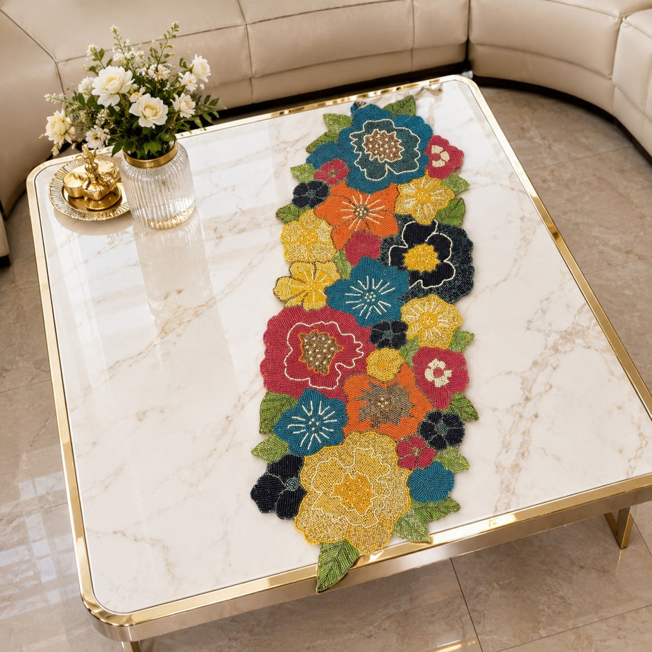 Multicolor Beaded Fabric Table Runner / Ruchi