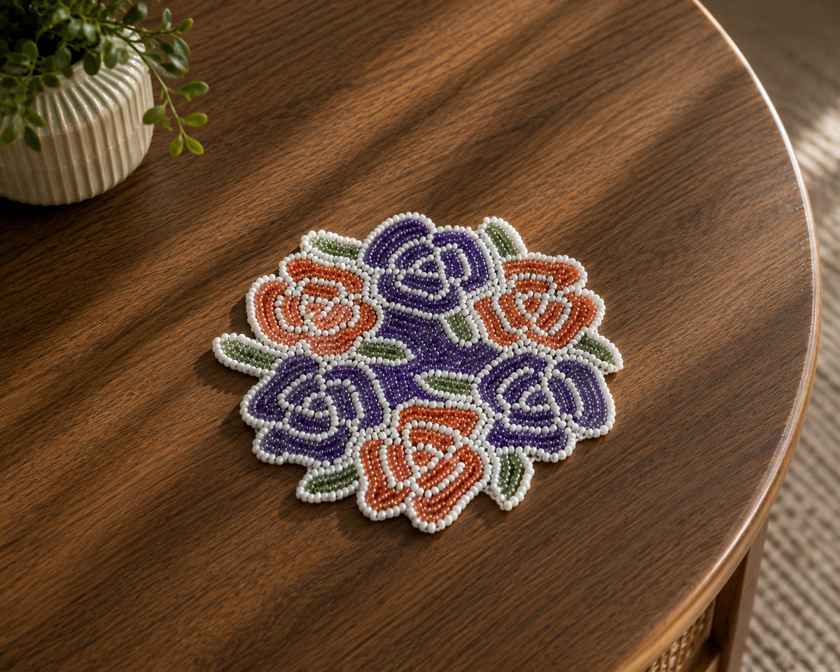 Multicolor Floral Beaded Round Table Coaster Set of 2 / Ruchi