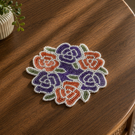 Multicolor Floral Beaded Round Table Coaster Set of 2 / Ruchi