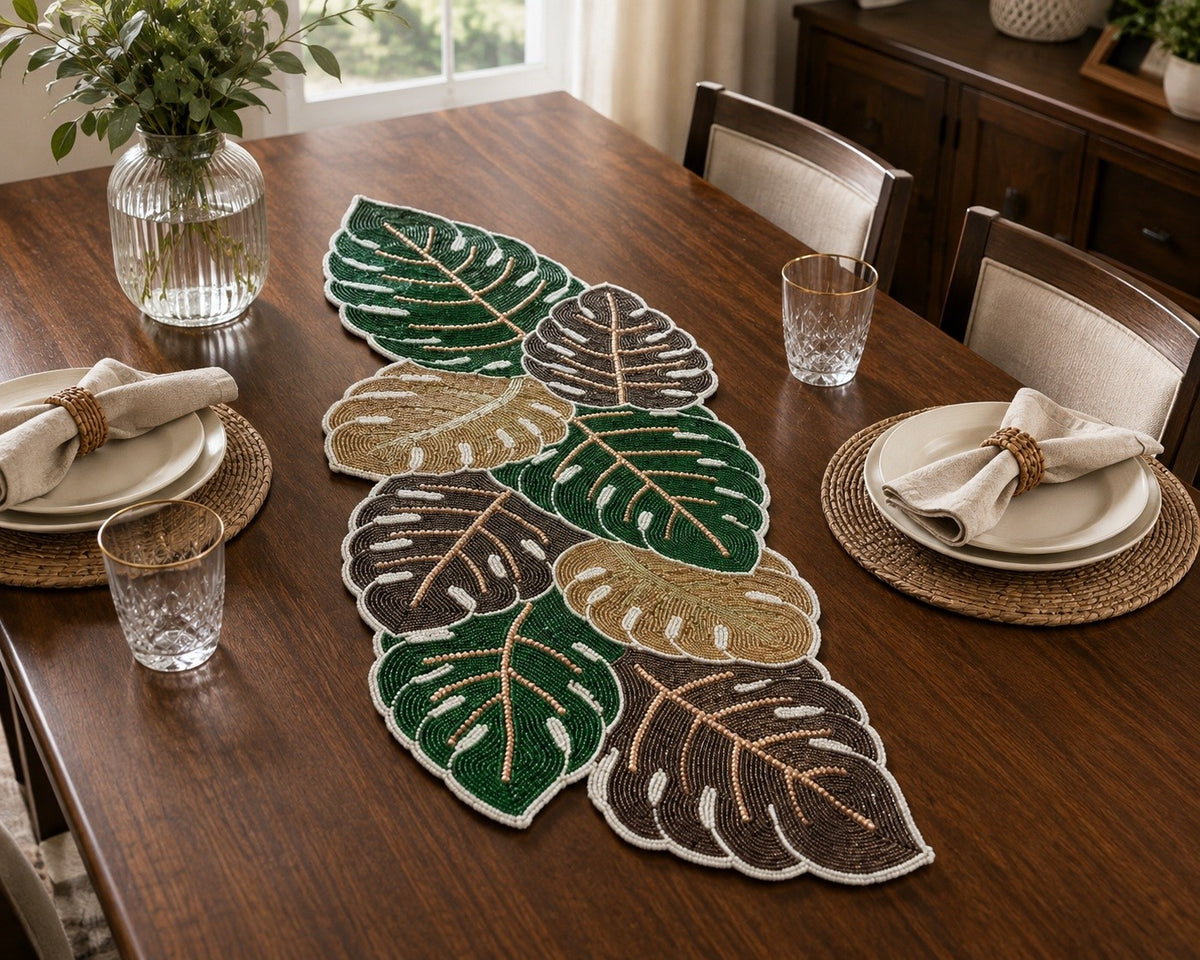 Multicolored Pearled Leaves Table Runner / Ruchi