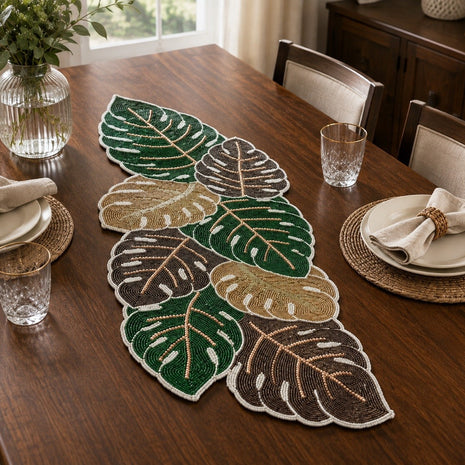 Multicolored Pearled Leaves Table Runner / Ruchi