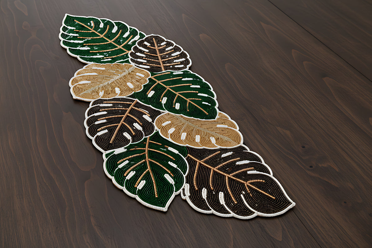 Multicolored Pearled Leaves Table Runner / Ruchi
