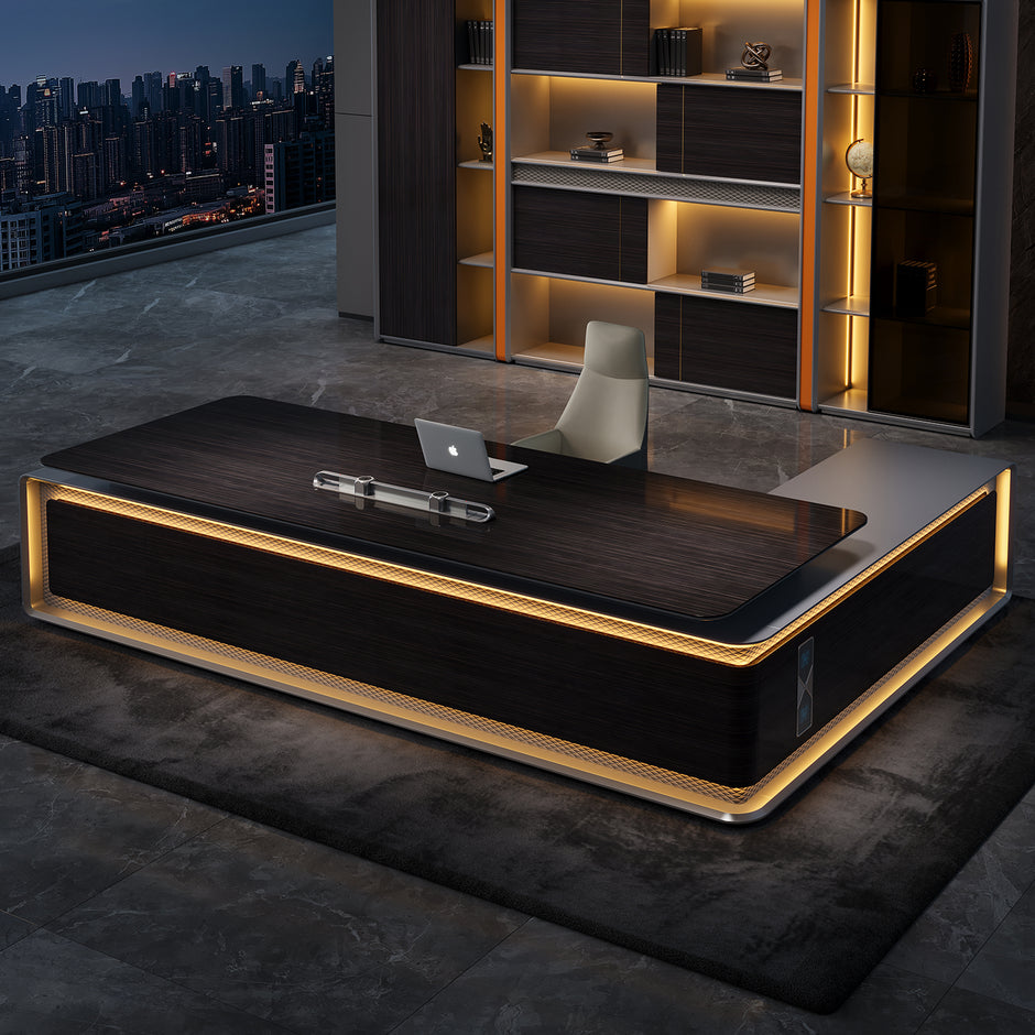 Luxury L-Shaped Wooden Office Desk With LED