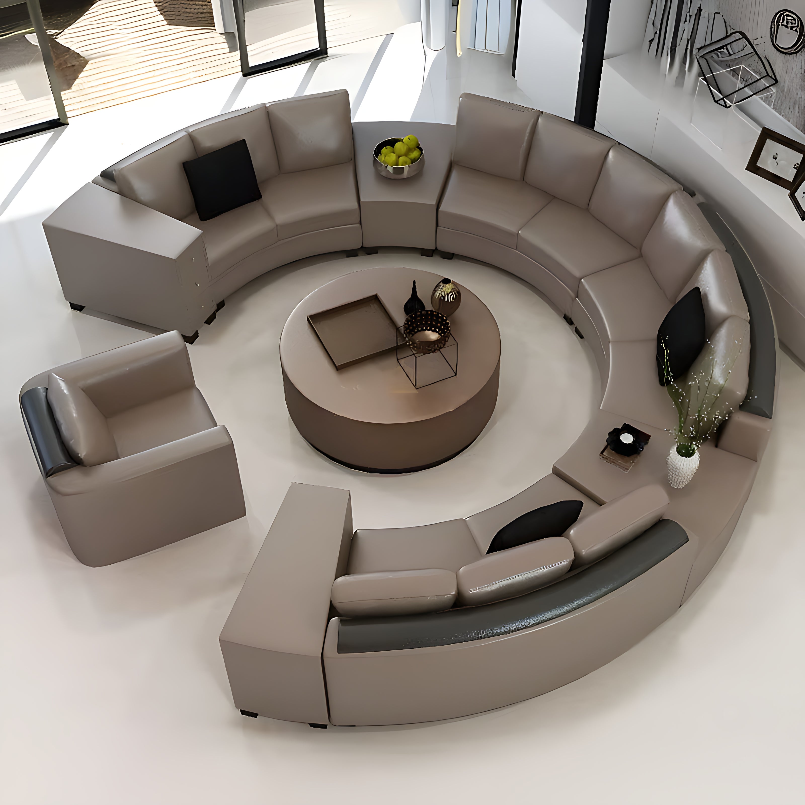 Opulent White Leather Round Sectional Sofa Set / Ruchi