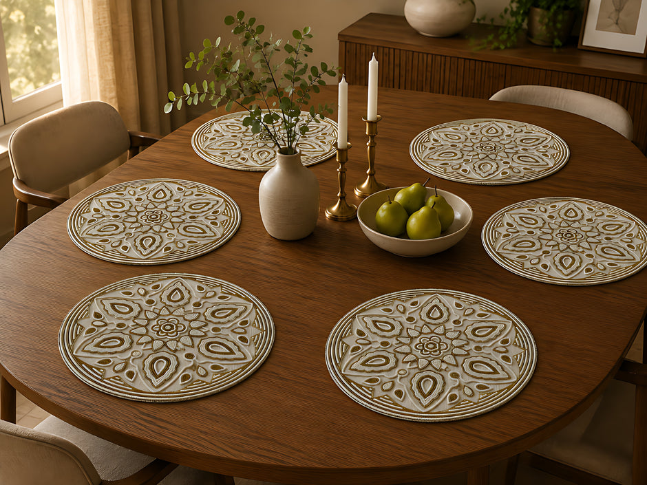 Ornate Gold & Ivory Beaded Round Placemat / Ruchi