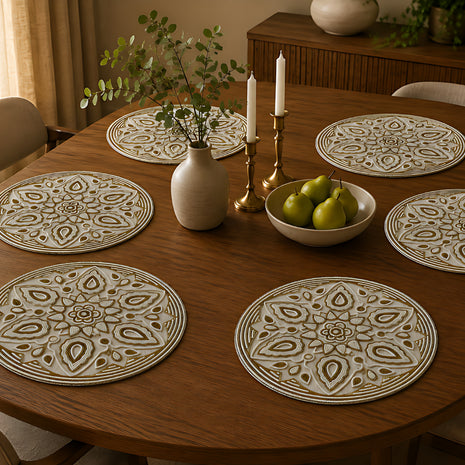 Ornate Gold & Ivory Beaded Round Placemat / Ruchi