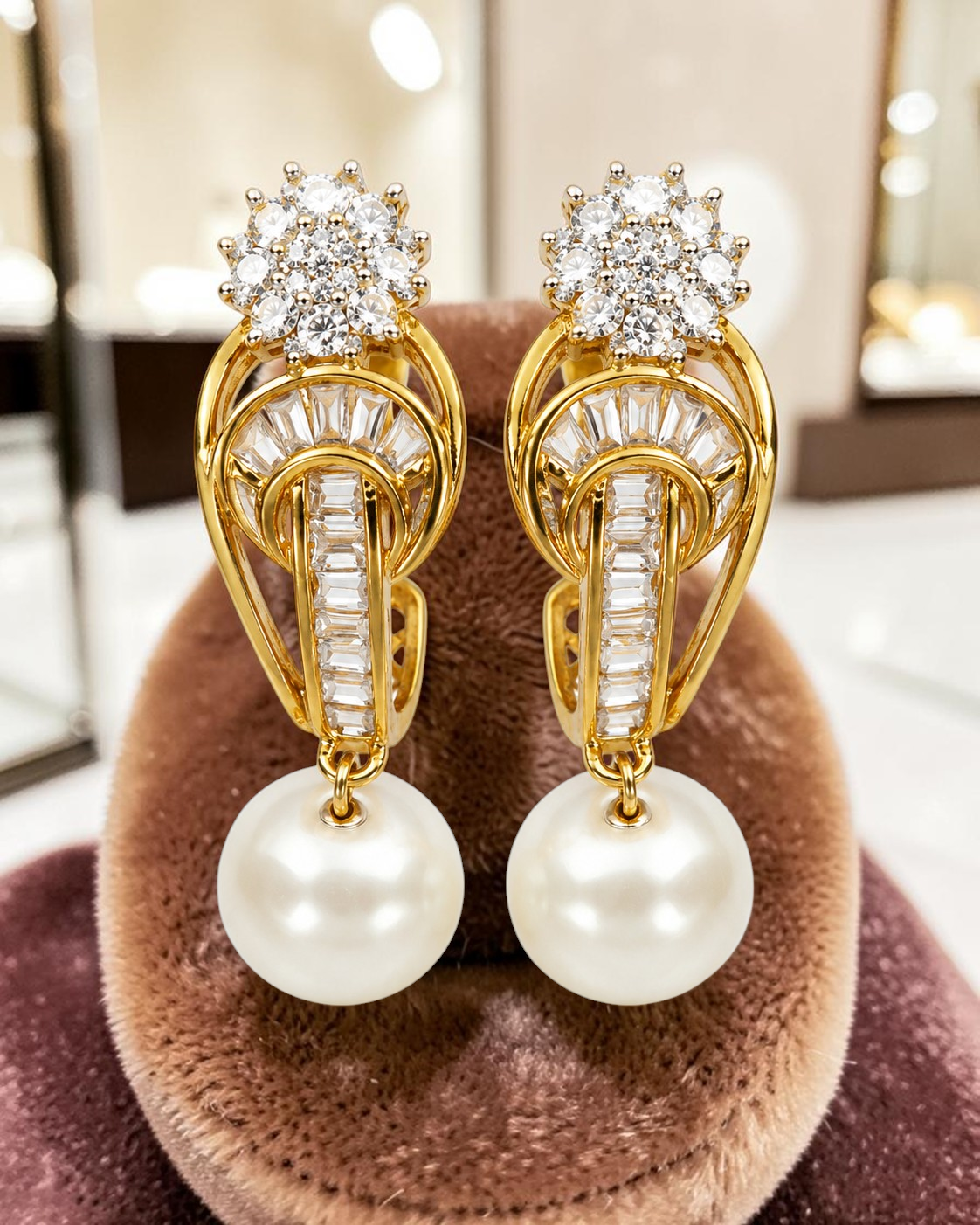 Pearl Earrings With Sparkling Cubic Zirconia / Ruchi 